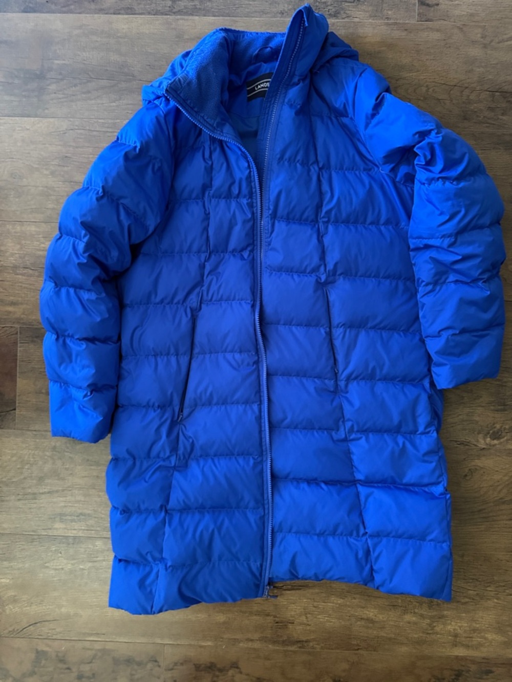 Lands' End Royal Blue Long Quilted Puffer Coat with Hood